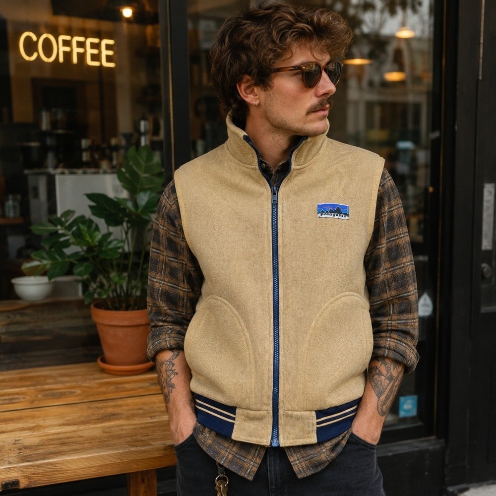 Vintage 1970s Patagonia Pile Fleece Vest Tan Navy Full Zip Mens Large